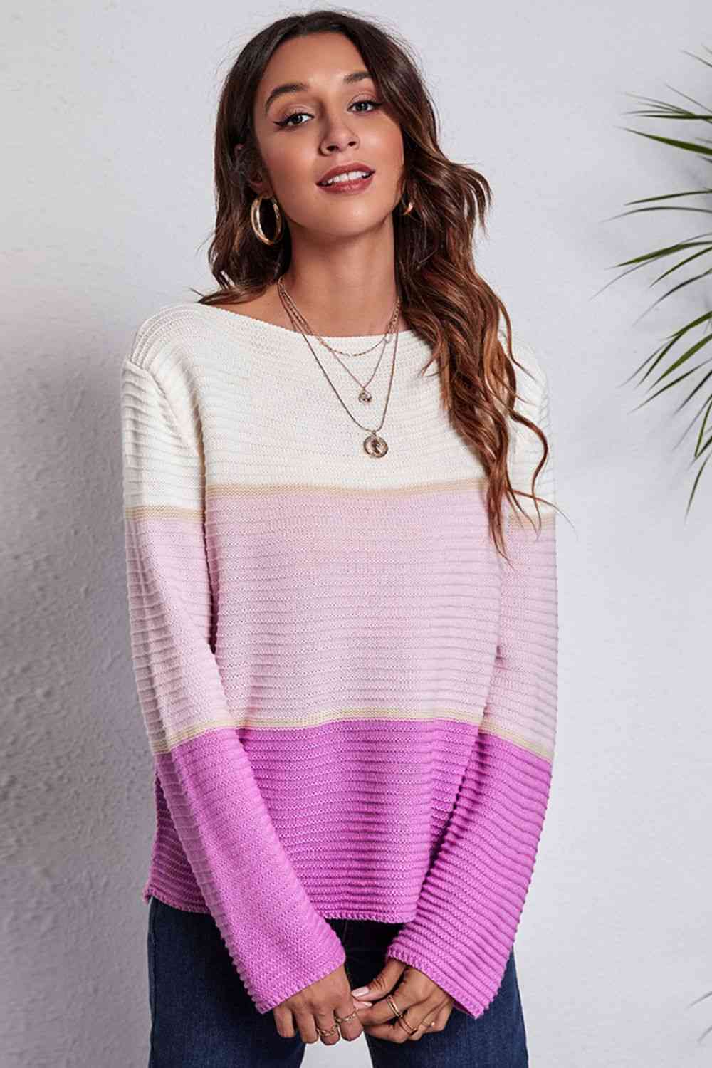 Color Block Horizontal Ribbing Sweater - AllIn Computer