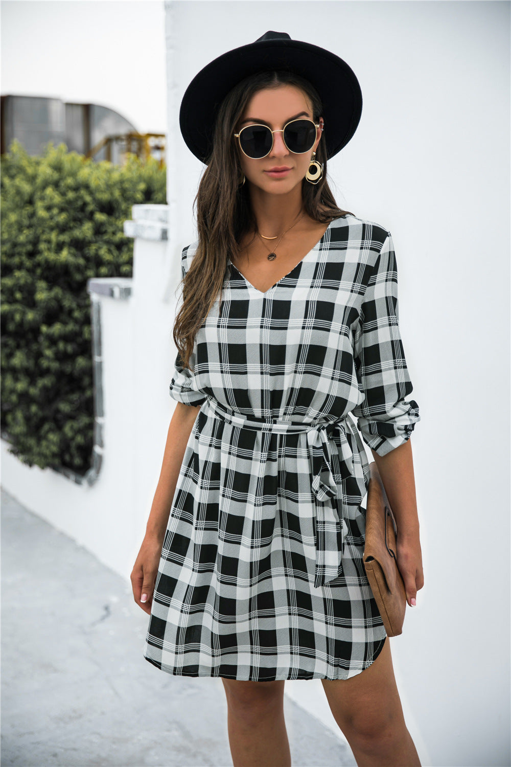 Plaid V-Neck Tie Waist Dress - AllIn Computer