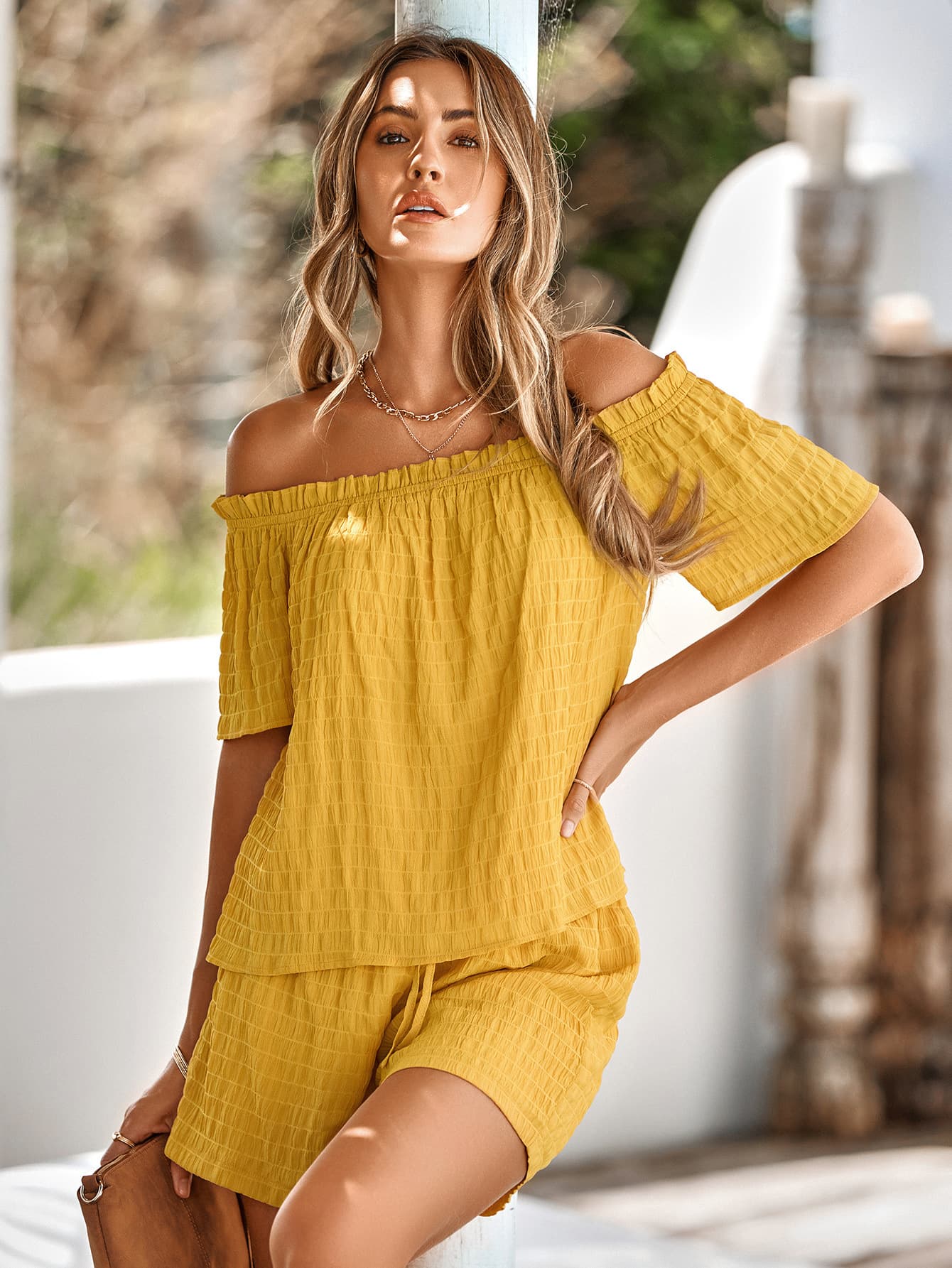 Textured Frill Trim Off-Shoulder Top and Shorts Set - AllIn Computer