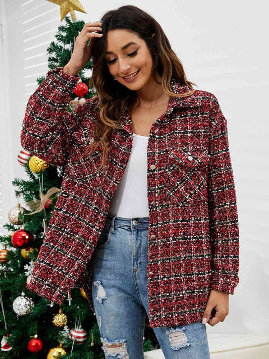 Plaid Collared Neck Button Front Jacket - AllIn Computer