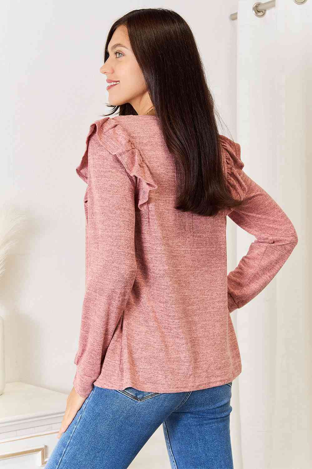 Double Take Square Neck Ruffle Shoulder Long Sleeve T-Shirt - AllIn Computer