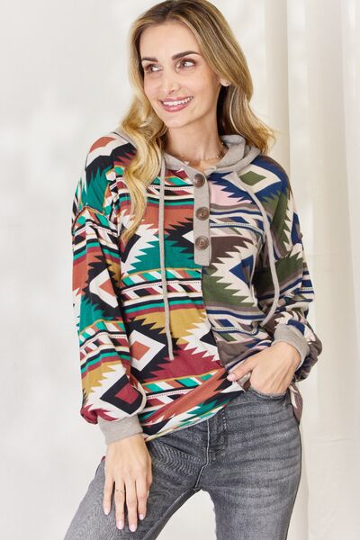 Celeste Full Size Geometric Exposed Seam Drawstring Hoodie - AllIn Computer