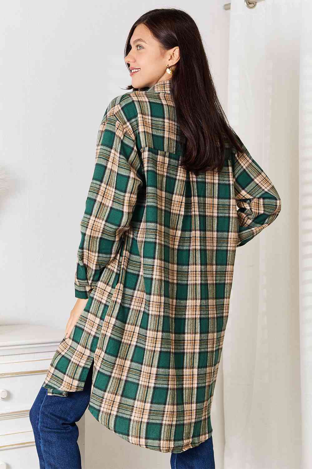 Double Take Plaid Collared Neck Long Sleeve Shirt - AllIn Computer