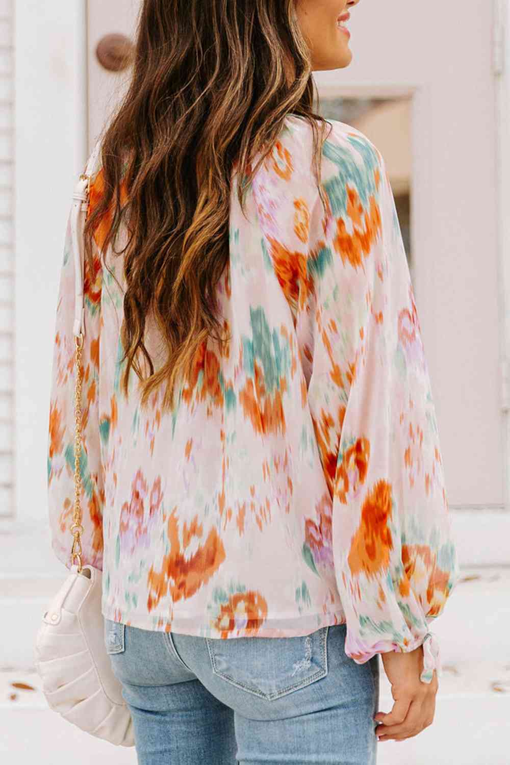 Printed Tie Neck Long Sleeve Blouse - AllIn Computer