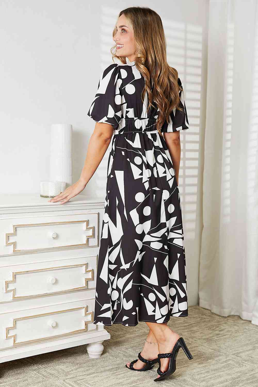 Double Take Printed Surplice Balloon Sleeve Dress - AllIn Computer
