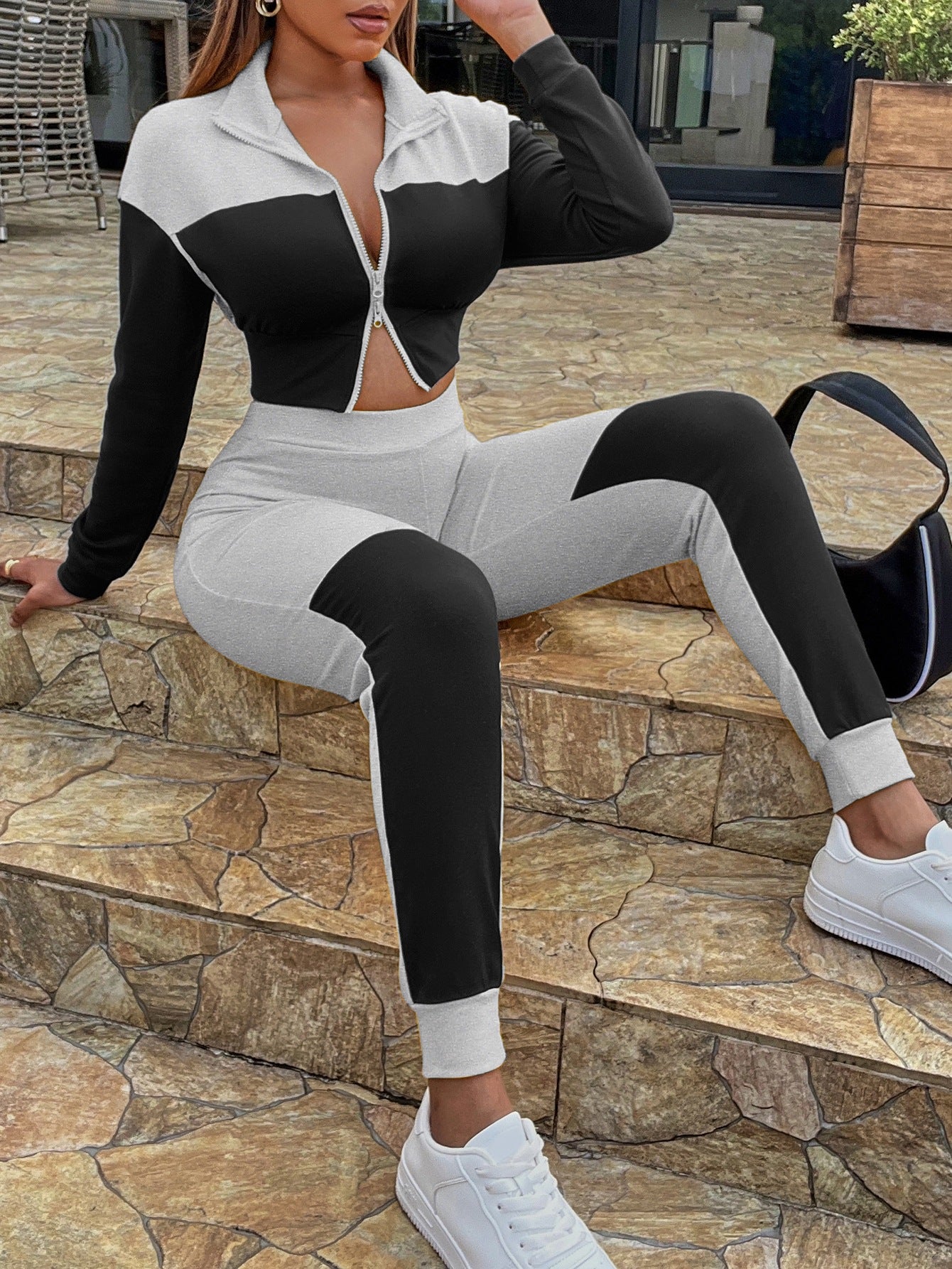 Two-Tone Collared Neck Top and Joggers Set - AllIn Computer