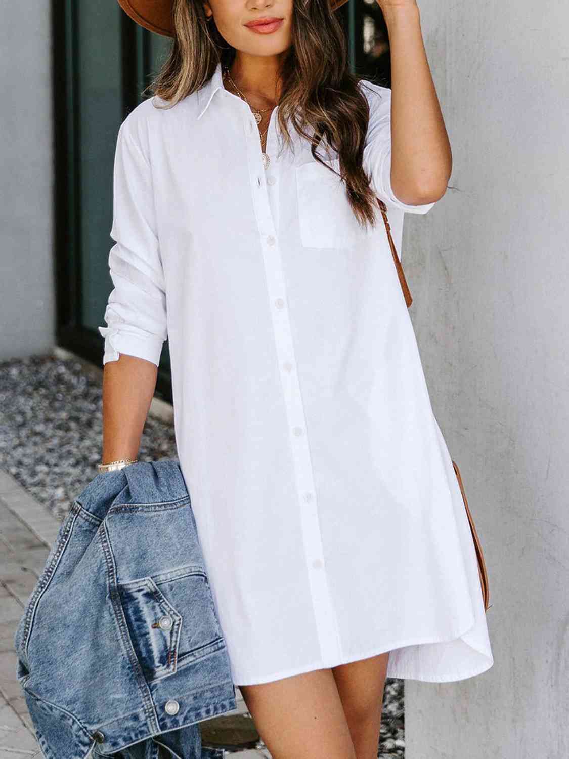 Button Up Collared Neck Long Sleeve Shirt Dress - AllIn Computer