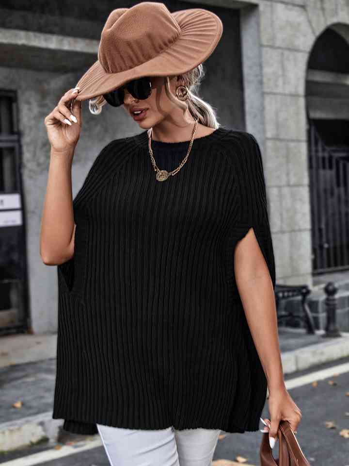 Ribbed Round Neck Slit Sleeve Knit Top - AllIn Computer