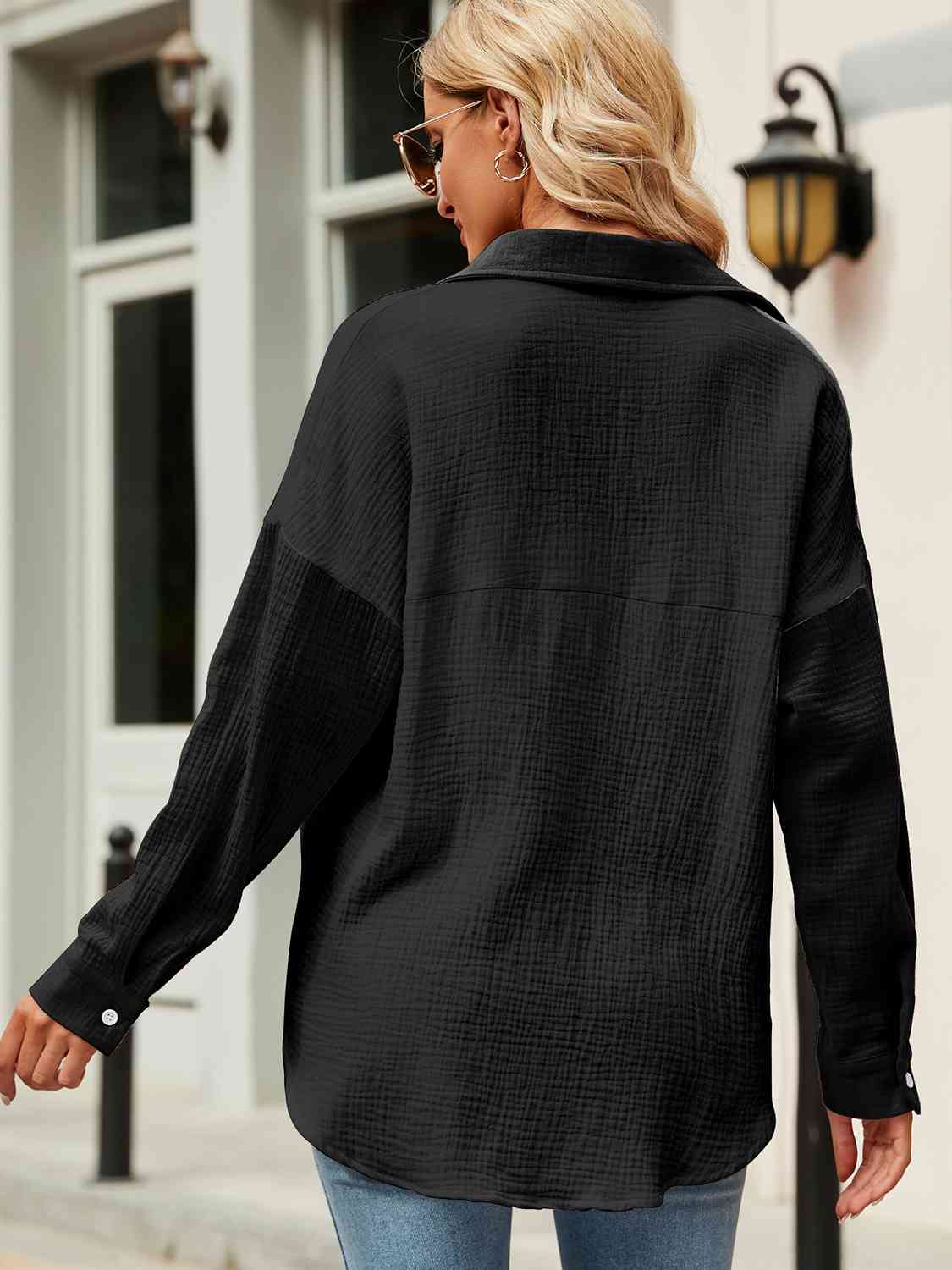 Button Up Collared Neck Drop Shoulder Shirt - AllIn Computer