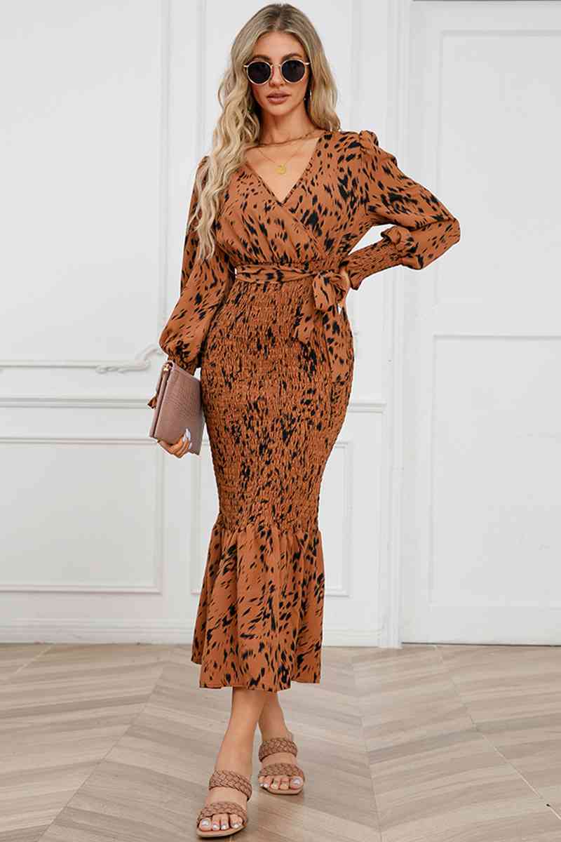 Printed V-Neck Smocked Midi Dress - AllIn Computer