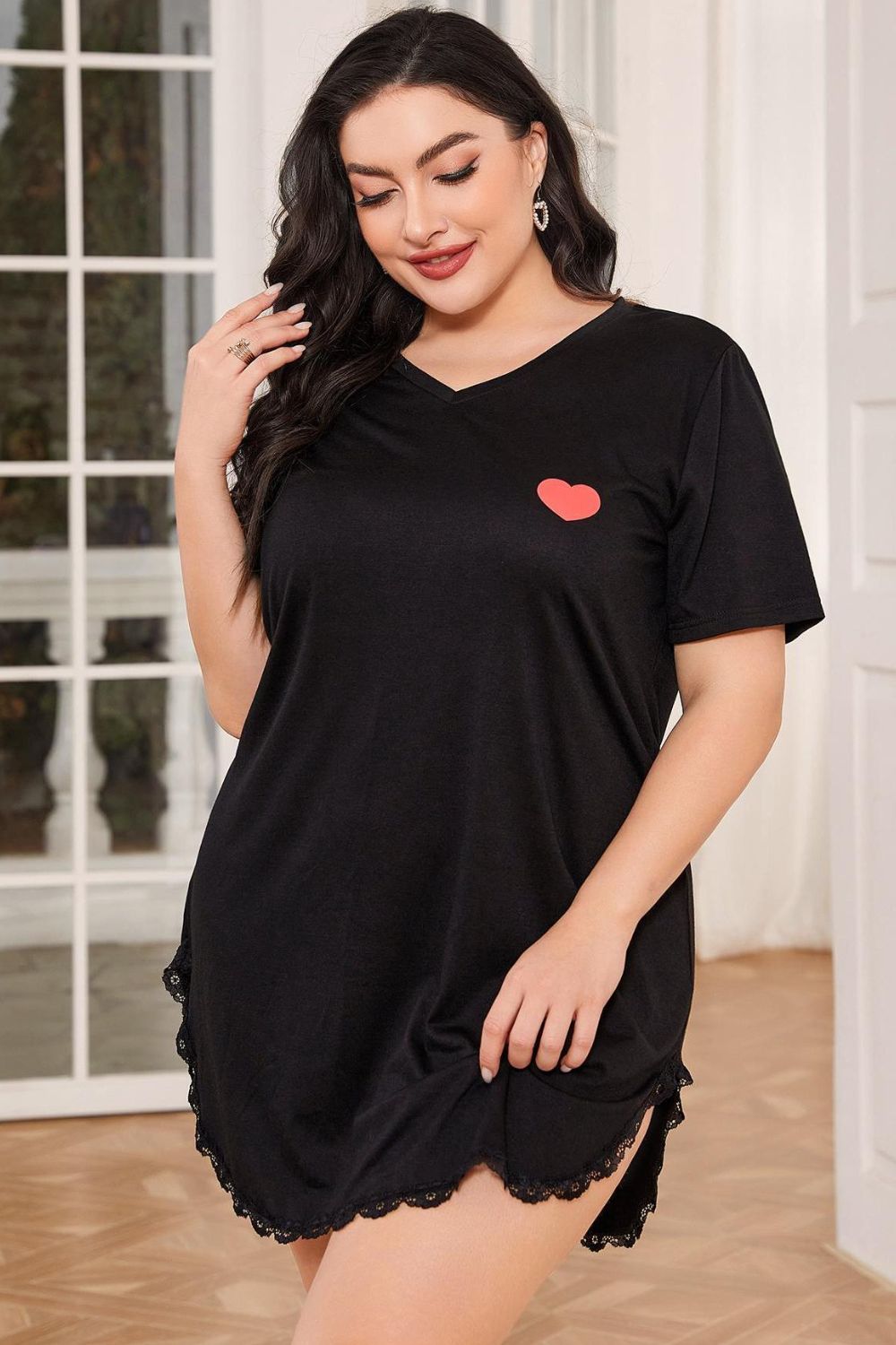 Plus Size Lace Trim V-Neck Short Sleeve Night Dress - AllIn Computer