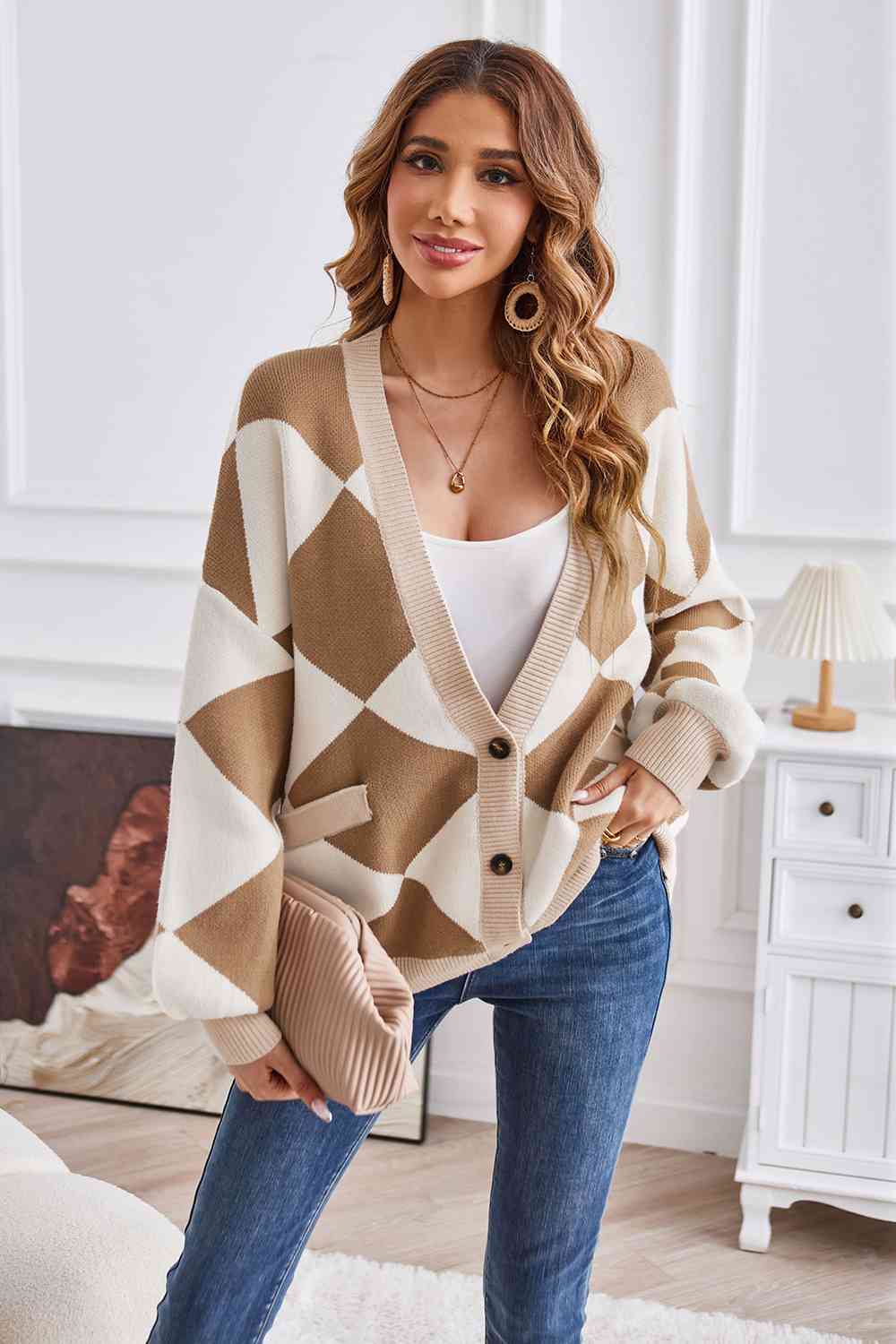 Geometric Lantern Sleeve Cardigan with Pockets - AllIn Computer