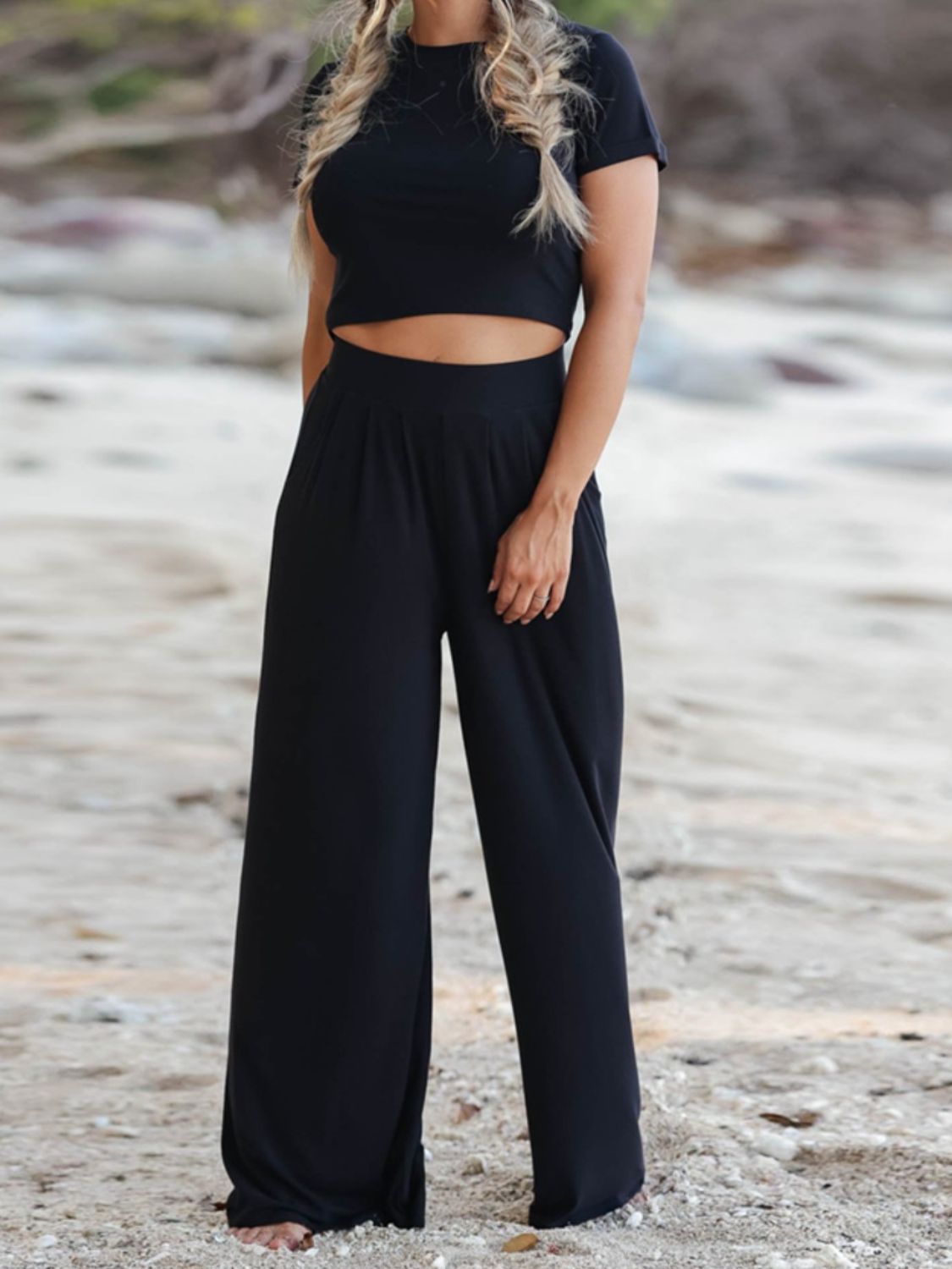 Round Neck Short Sleeve Top and Pocketed Pants Set - AllIn Computer