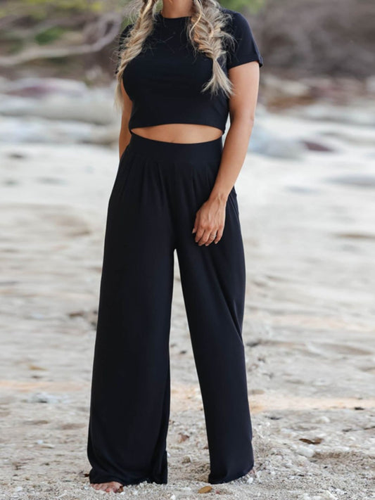 Round Neck Short Sleeve Top and Pocketed Pants Set - AllIn Computer