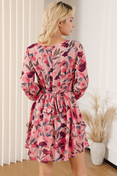 Printed Surplice Balloon Sleeve Mini Dress - AllIn Computer