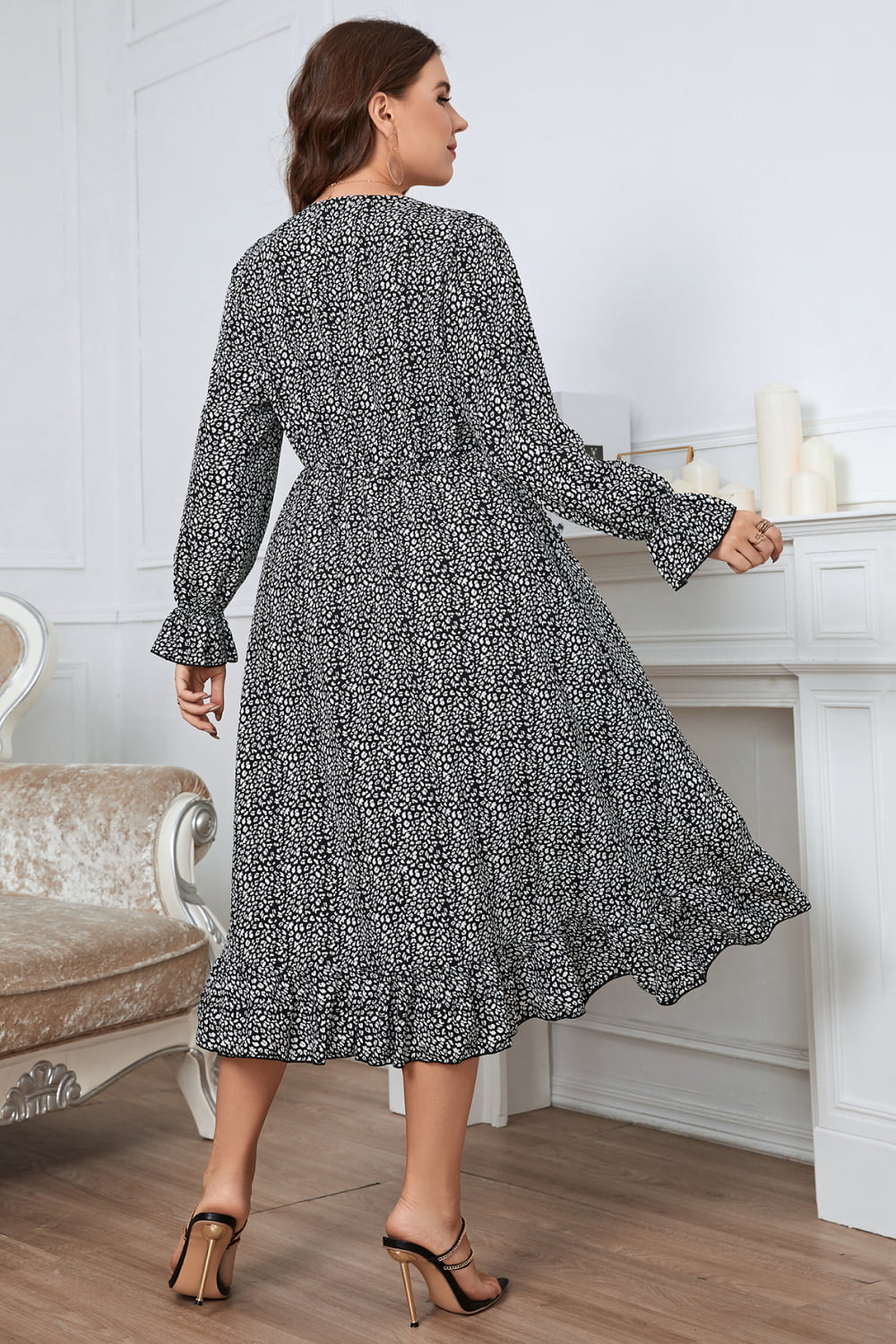 Melo Apparel Plus Size Printed V-Neck Flounce Sleeve Midi Dress - AllIn Computer