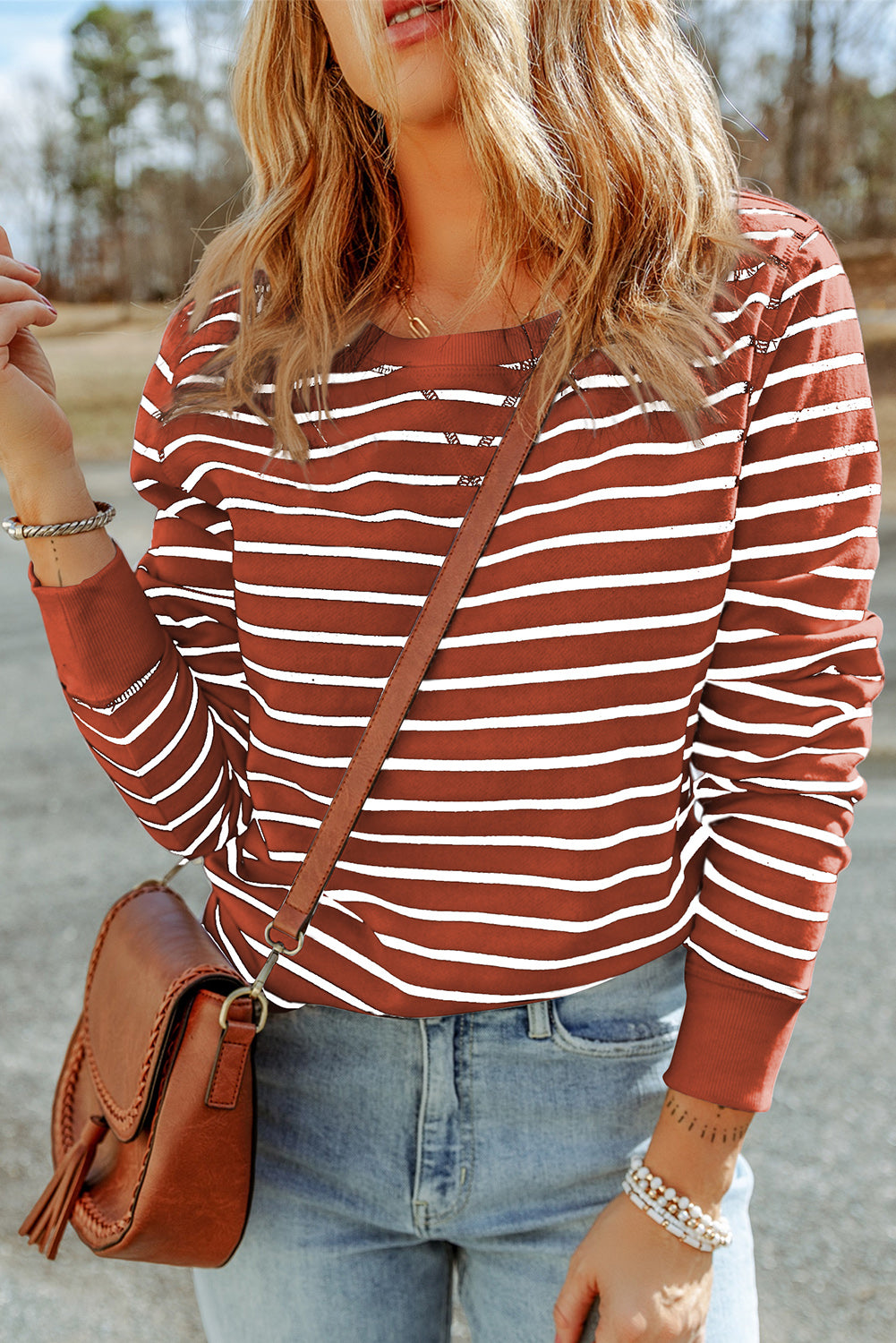 Striped Long Sleeve Round Neck Top - AllIn Computer