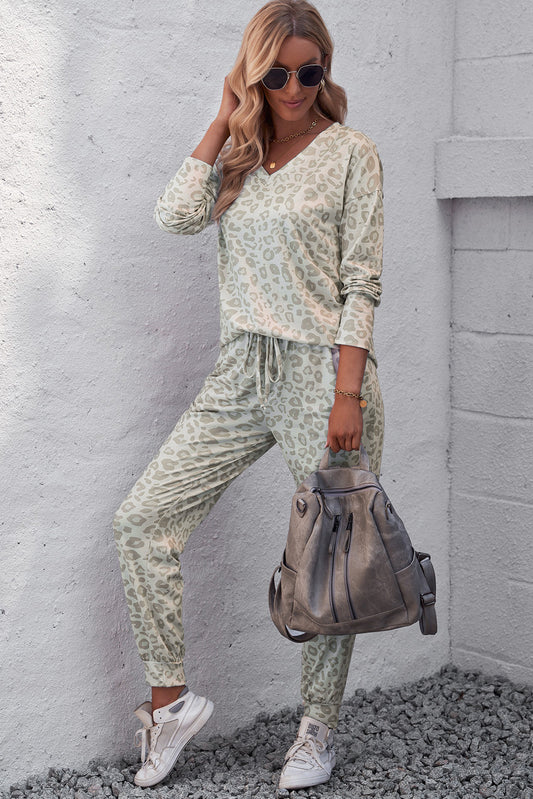 Leopard V-Neck Top and Drawstring Joggers Lounge Set - AllIn Computer