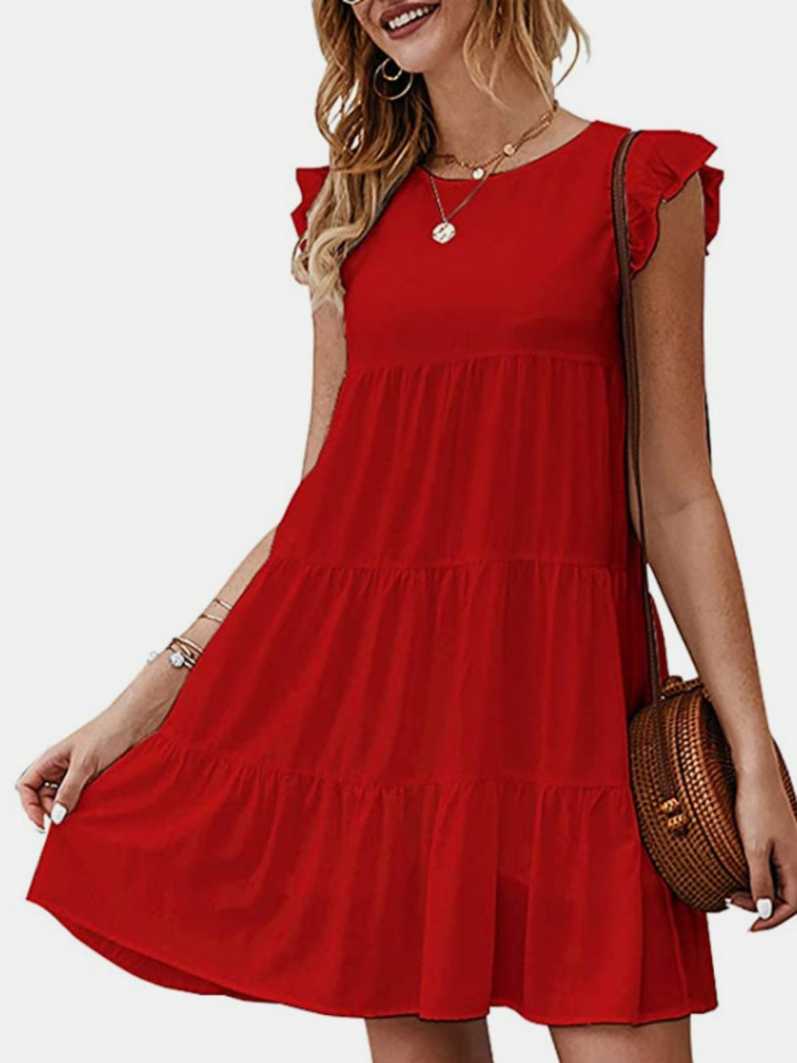 Ruffled Round Neck Cap Sleeve Mini Dress - AllIn Computer