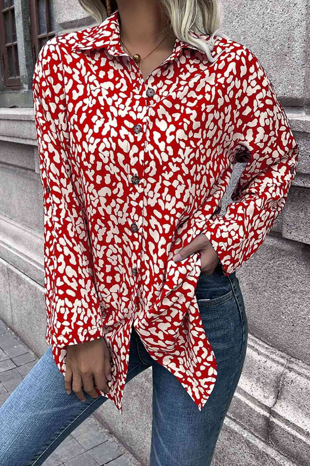 Double Take Leopard Roll-Tap Sleeve Shirt - AllIn Computer