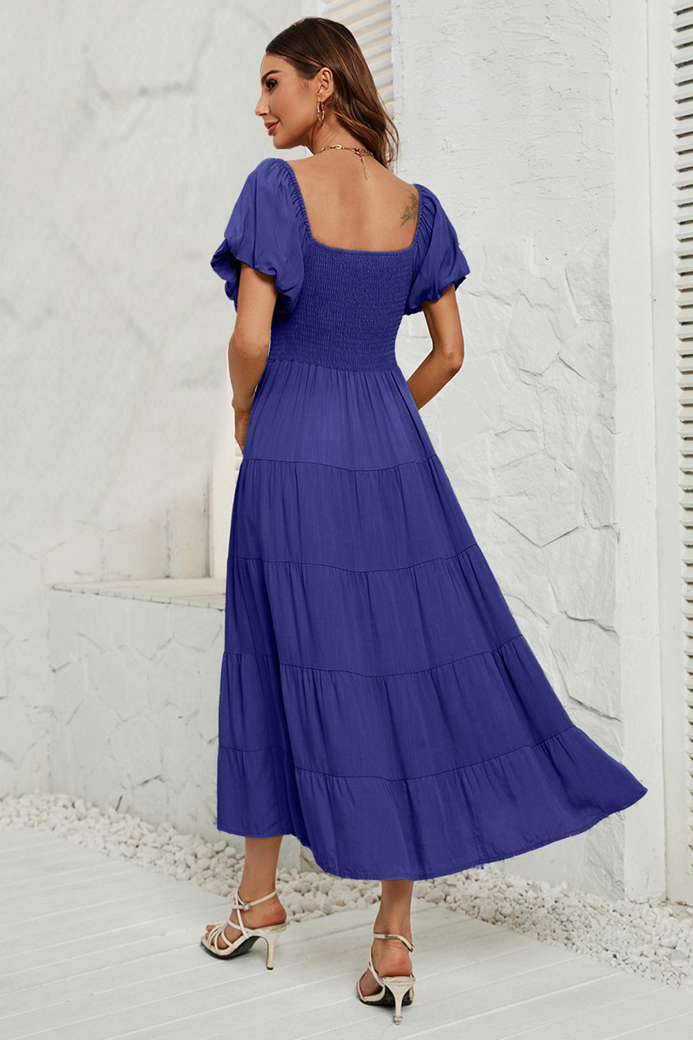 Smocked Square Neck Puff Sleeve Dress - AllIn Computer
