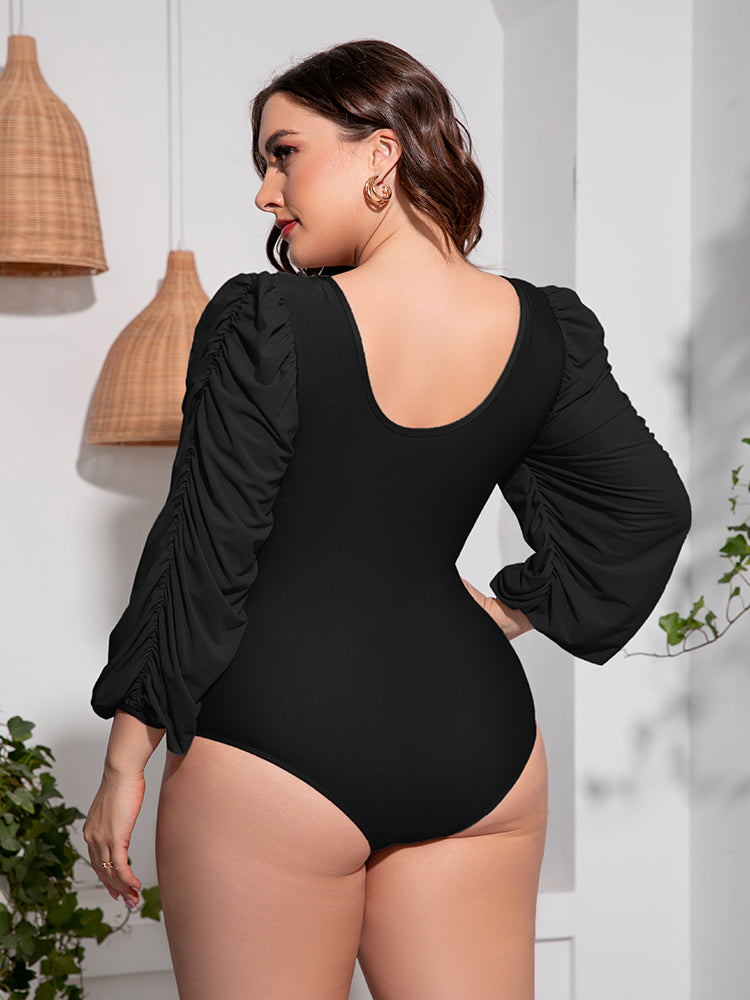 Plus Size Tied Deep V Balloon Sleeve One-Piece Swimsuit - AllIn Computer