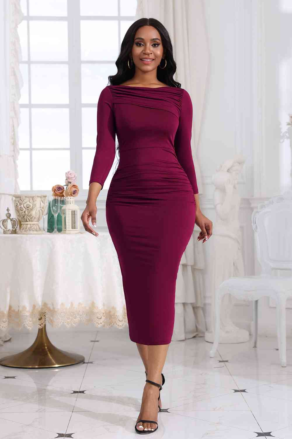 Ruched Boat Neck Midi Dress - AllIn Computer