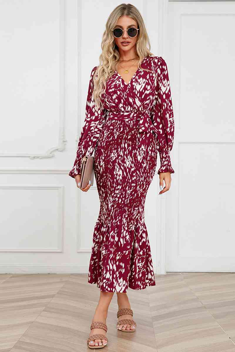 Printed V-Neck Smocked Midi Dress - AllIn Computer