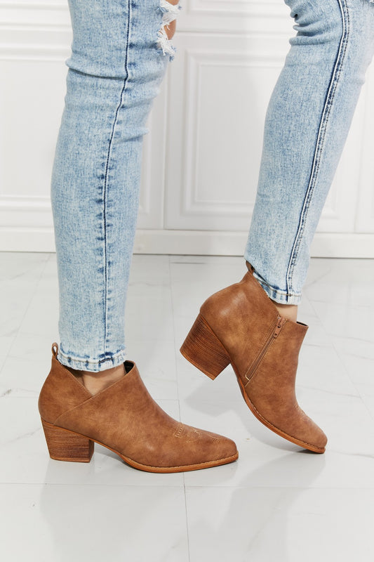 MMShoes Trust Yourself Embroidered Crossover Cowboy Booties in Caramel - AllIn Computer