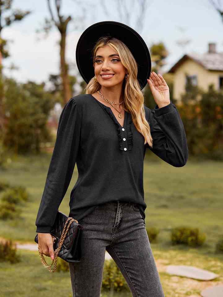 Puff Sleeve Ruffle Trim Blouse - AllIn Computer