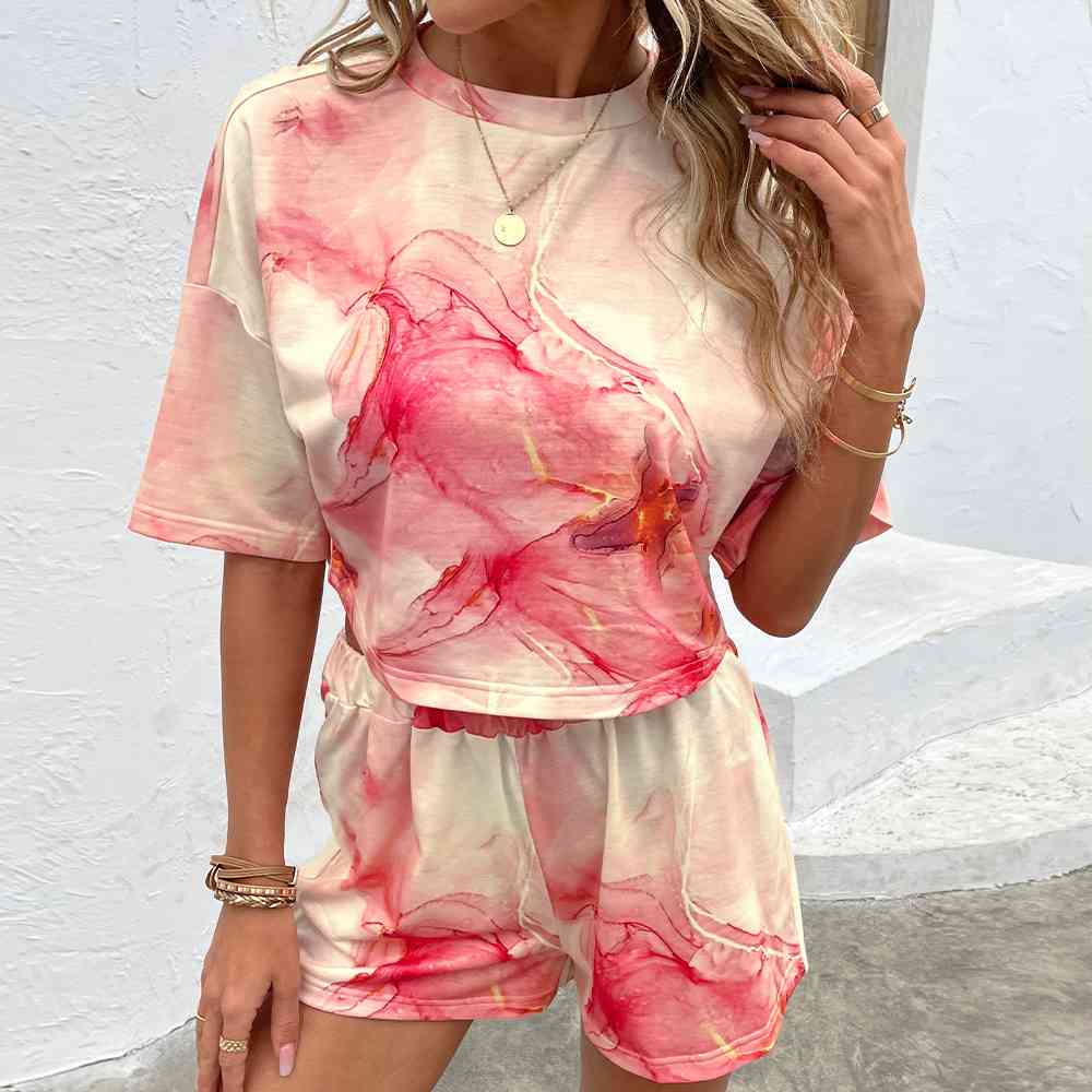 Printed Round Neck Dropped Shoulder Half Sleeve Top and Shorts Set - AllIn Computer