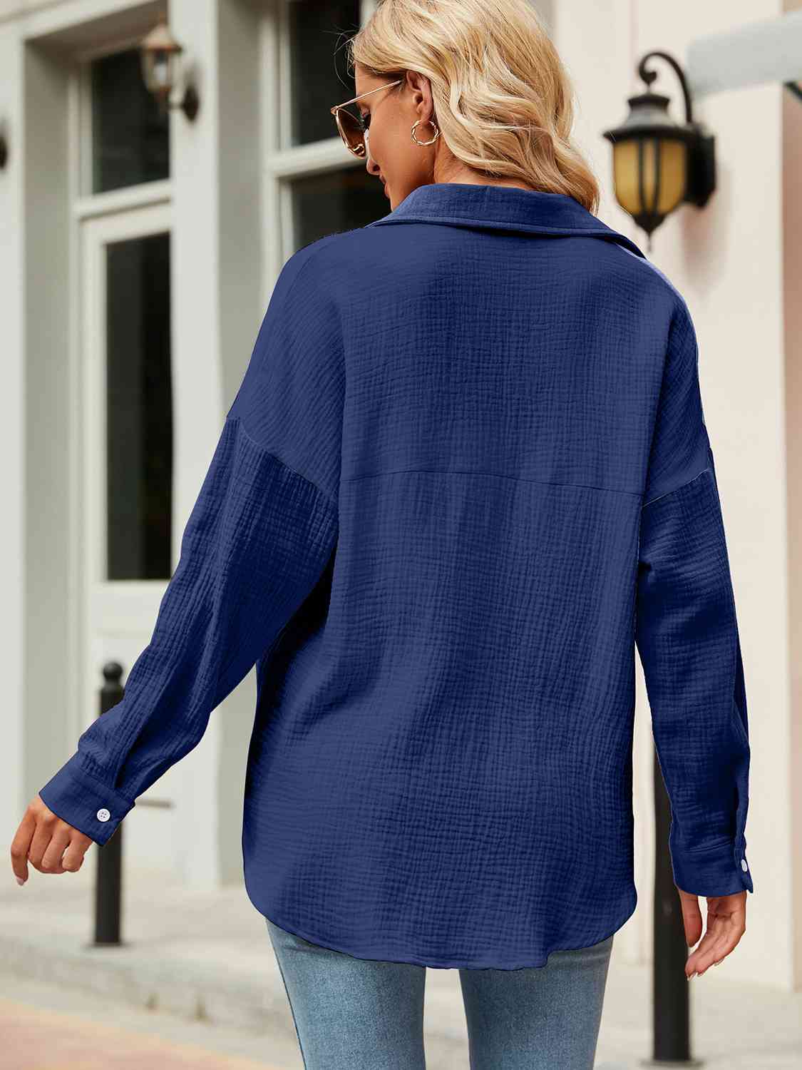 Button Up Collared Neck Drop Shoulder Shirt - AllIn Computer