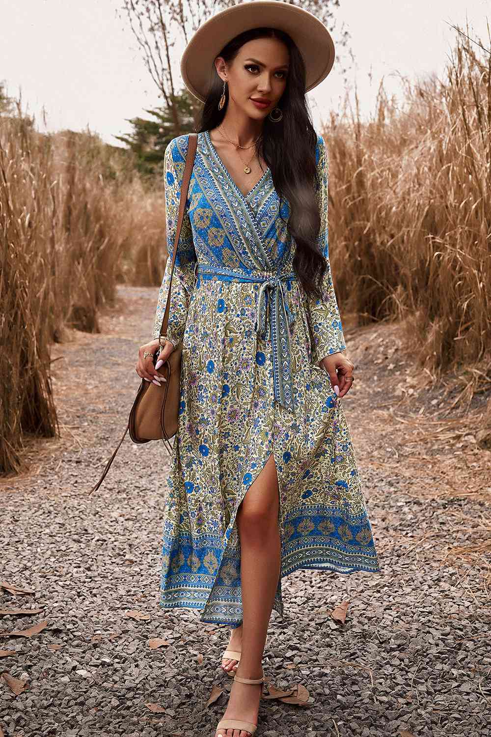 Bohemian Surplice Neck Slit Dress - AllIn Computer