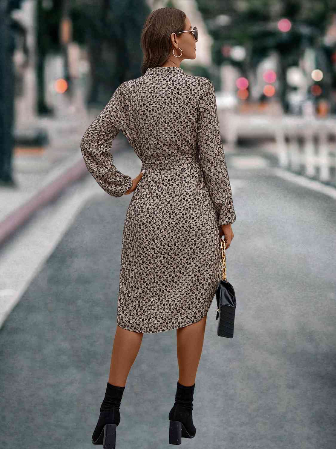 Printed Notched Tie Front Long Sleeve Dress - AllIn Computer